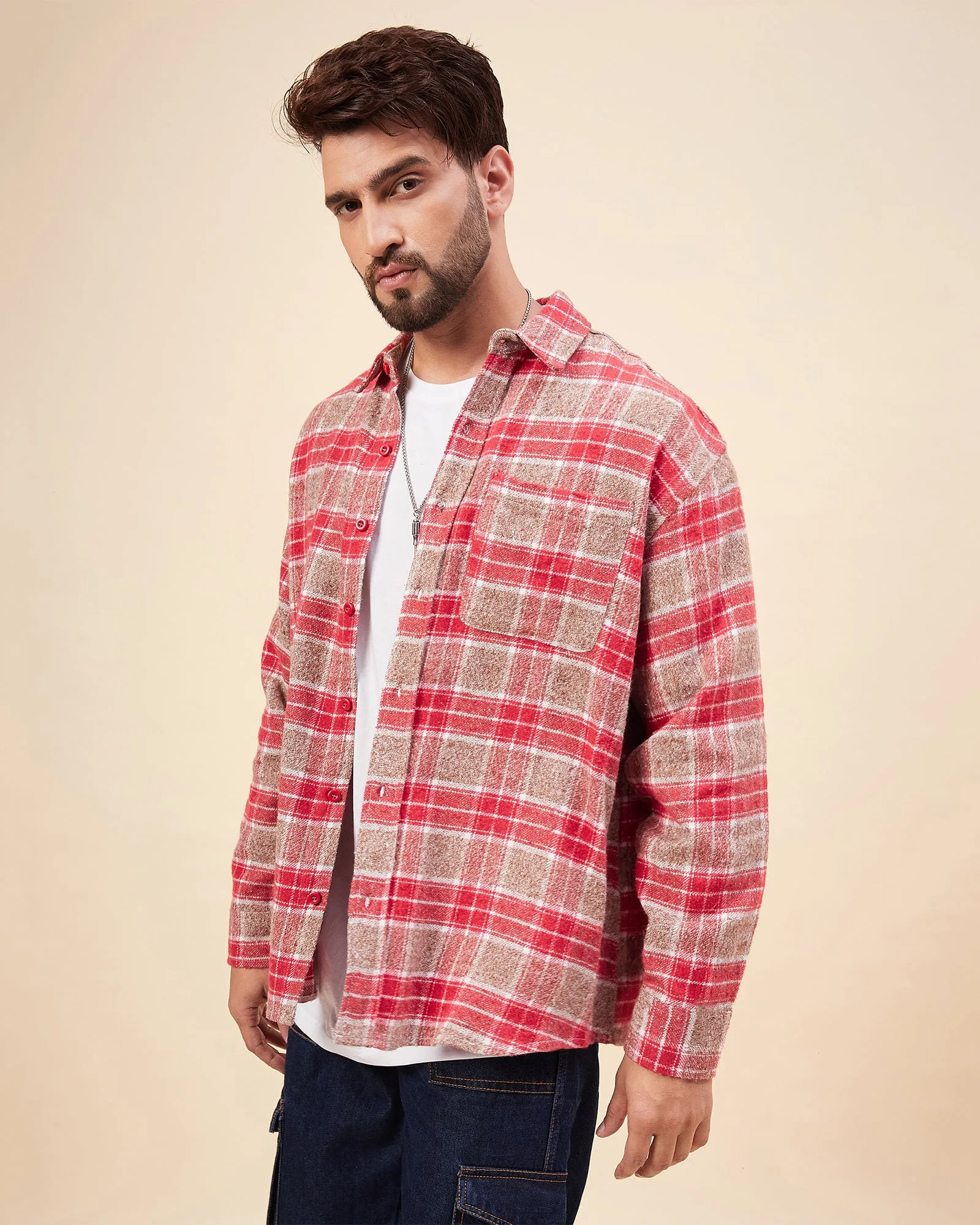 Chimpaaanzee Men Red & Brown Oversized Fit Shirt