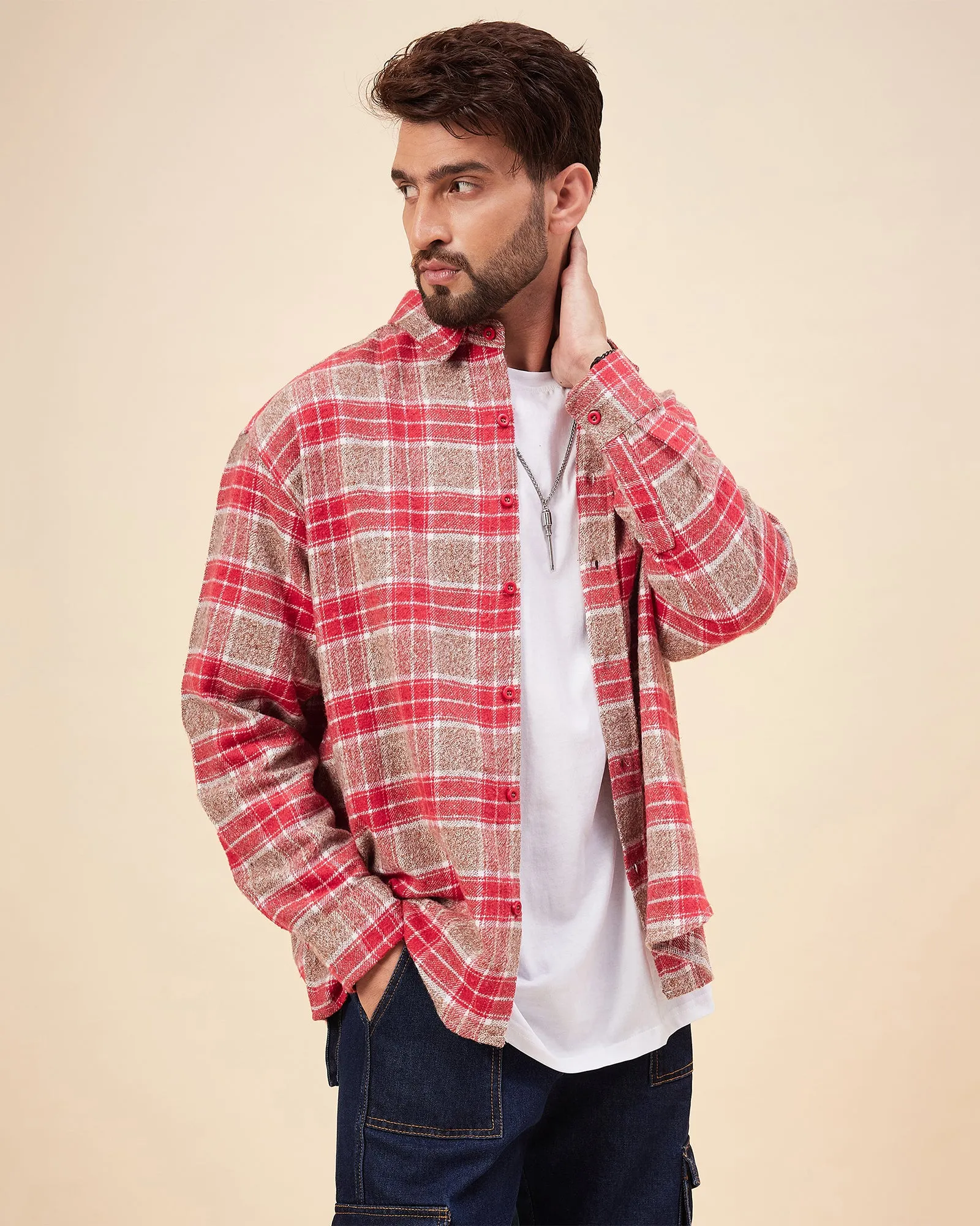 Chimpaaanzee Men Red & Brown Oversized Fit Shirt