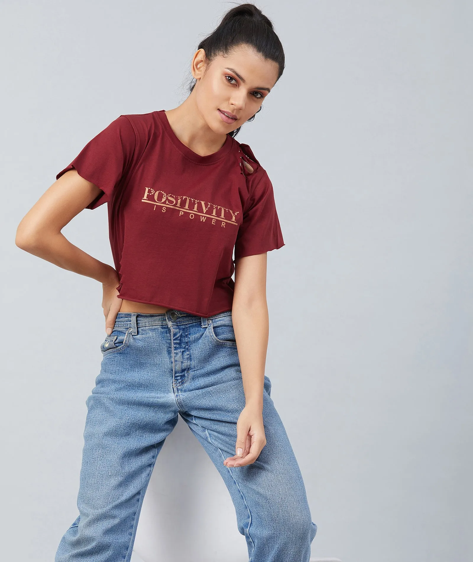 Chimpaaanzee Women Maroon Ribbed Style Crop T-shirt