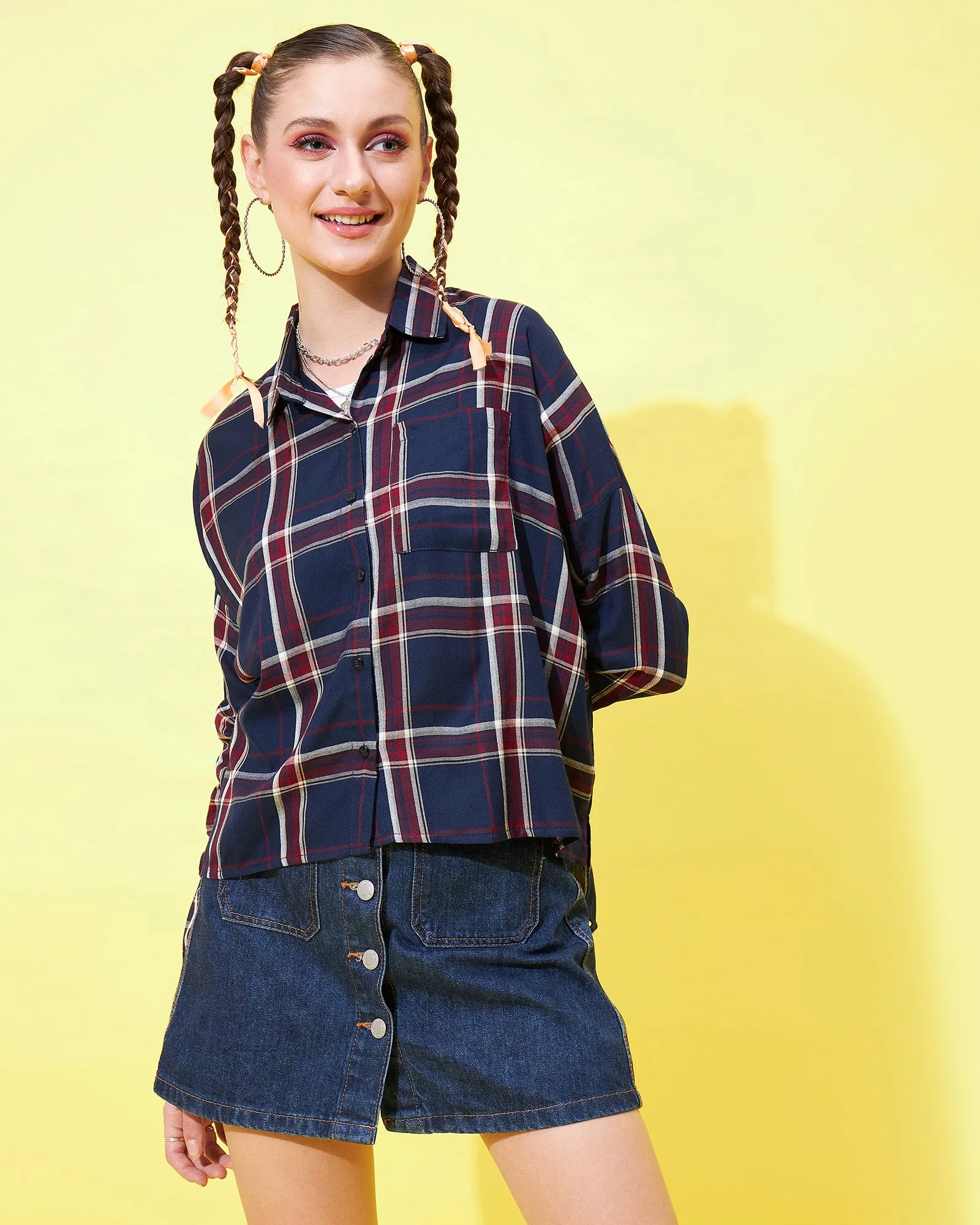 Chimpaaanzee Women Navy & Maroon Loose Fit Shirt