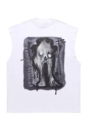 Ghost print sleeveless t-shirt retro tank top surfer vest