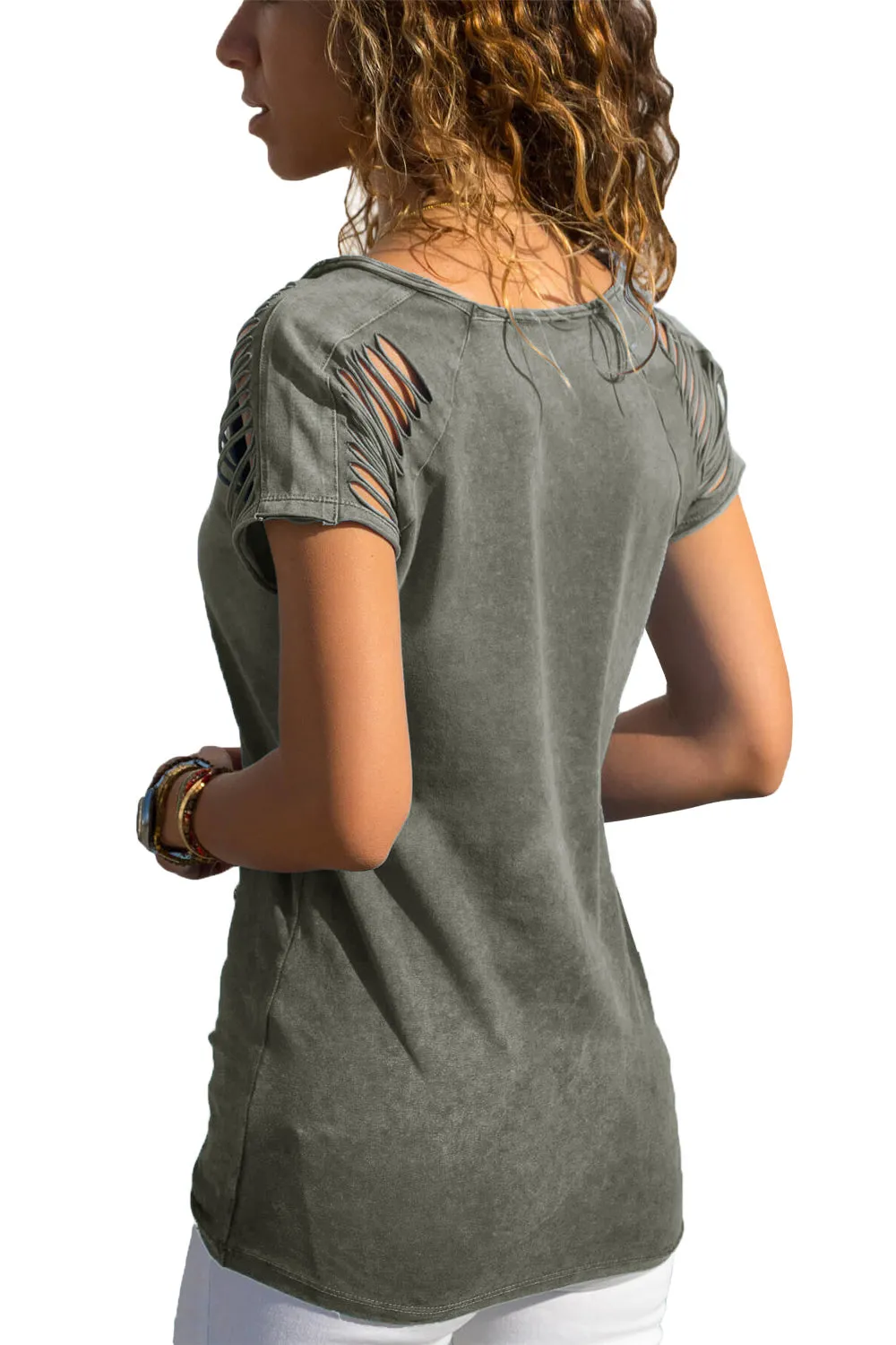 Ripped Hollow Out Shoulder Tie Dye T-Shirt Top