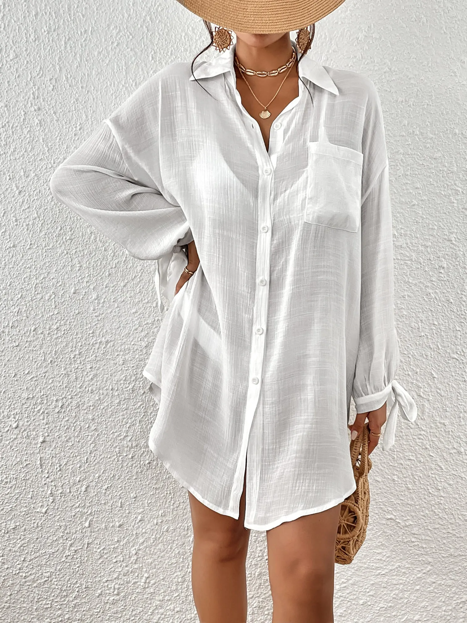 Women's Long Sleeve Button-Down Beach Cover-Up
